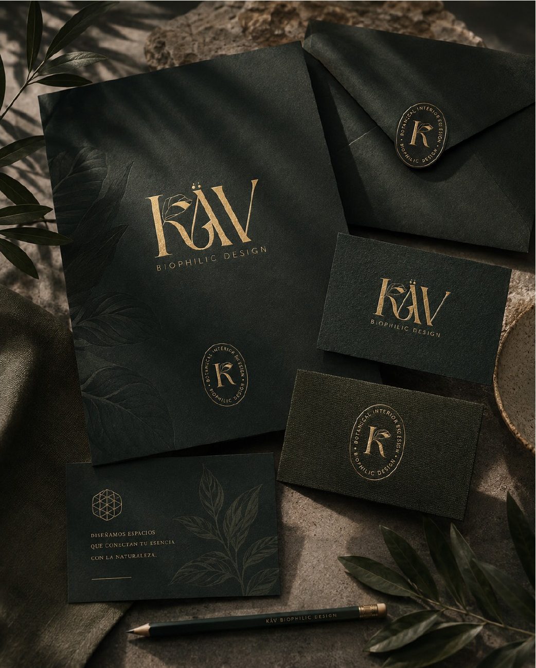 Papelería en verde oscuro con logo dorado